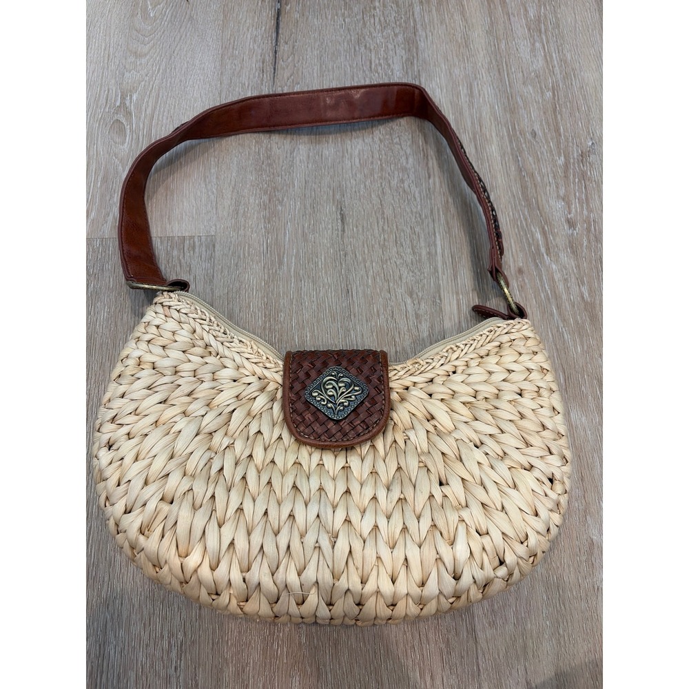 Coldwater Creek Woven Straw Shoulder Bag Brown Leather Trim Boho Western Bag